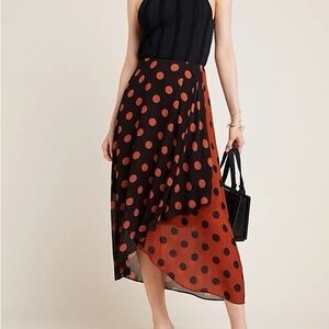 Anthropologie Asymmetrical Skirt - Black and Orange Polka Dot